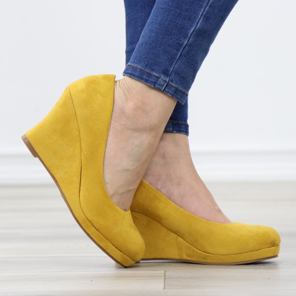 Mustard Faux Suede Close Round Toe Wedge High Heel - Picture 6 of 11